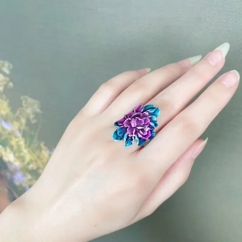 Vintage Ethnic Style Enamel Fired Blue Peony Flower Adjustable Ring for Women Fashion Floral Luxury Party Vacation Jewelry Gifts