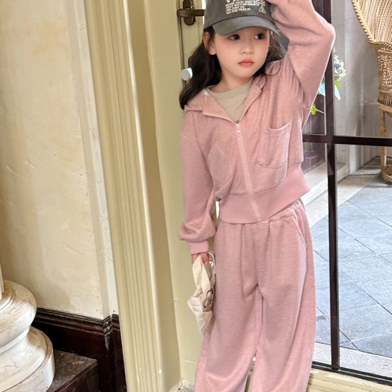 

Girls' Two-Piece Dress Early Autumn 2024 New Leisure Sports Hooded Zip Jacket Straight Wide Leg Pants Comfortable