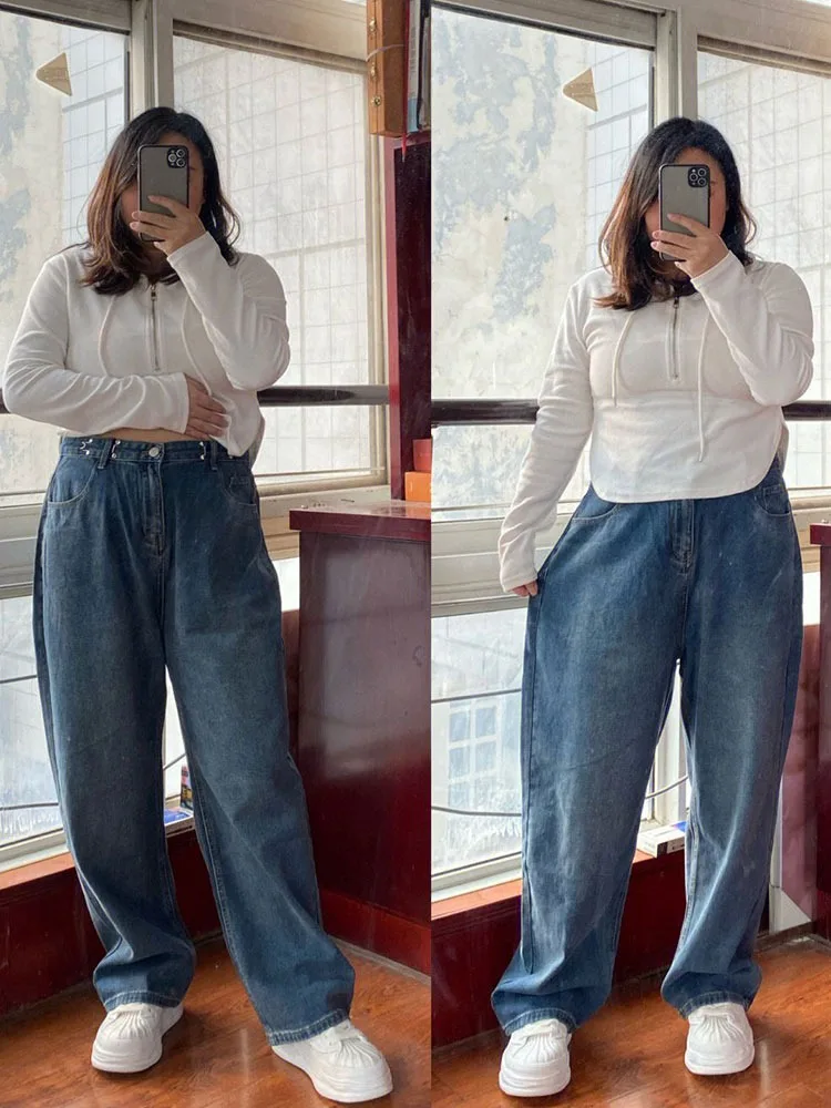 

plus Size Denim Pants High Waist Wide Leg Casual Style for Pear Shaped Women Heavy Duty Cotton Blend No Stretch Iron Free