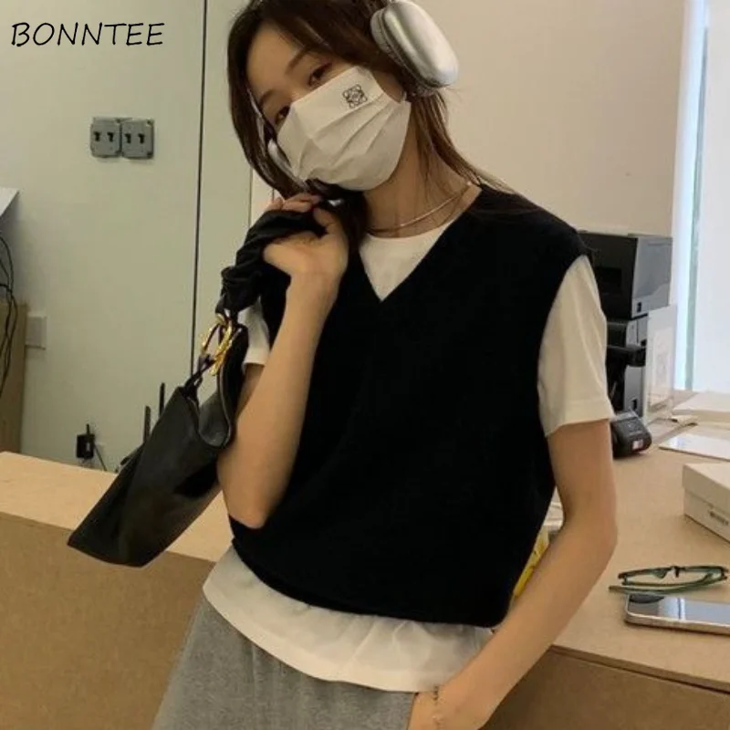 Sweater Vest Women Vintage Minimalist Casual V-neck Lazy Style Spring Female All-match Prevalent Comfort Korean Version Loose