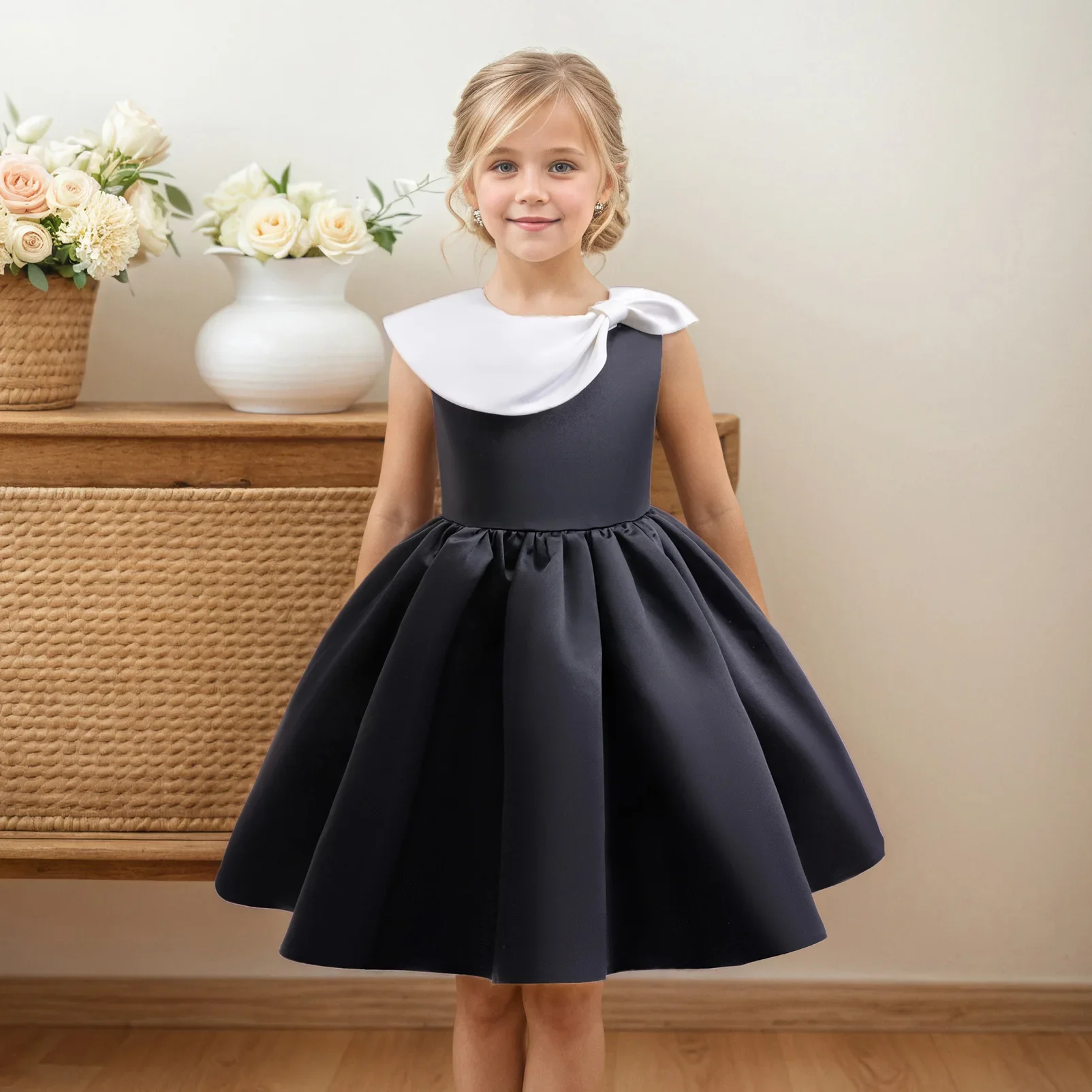 

Black Satin Flower Girl Dress, Sleeveless, Asymmetric Collar with Bow, Flared Skirt, Elegant Party/Wedding Outfit for Kids