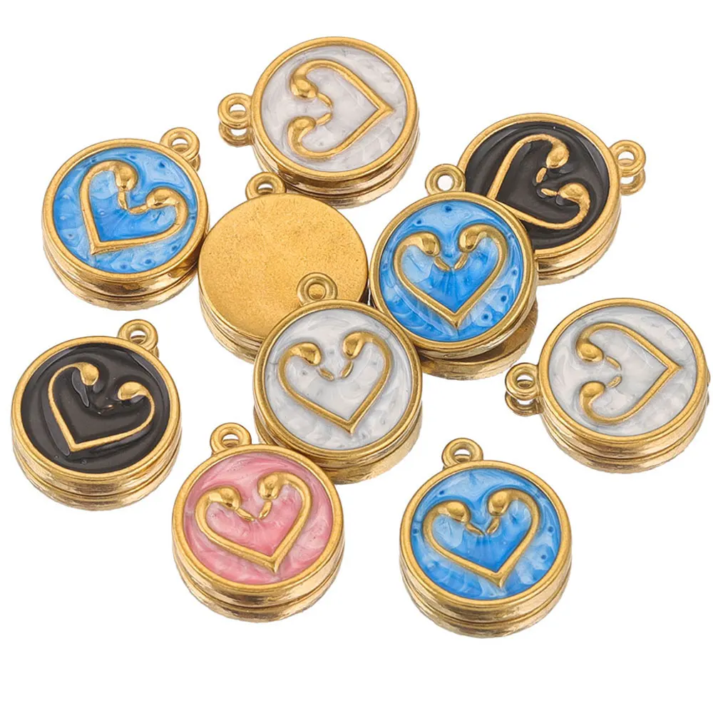 

5pcs/lot Stainless Steel Enamel Pink Heart Round Charms for DIY Earrings Charm Necklace Jewelry Making Pendant Supplies Crafts