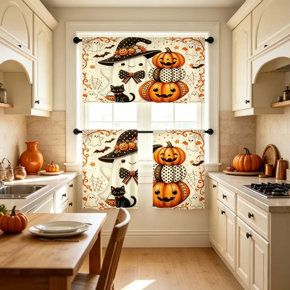 Halloween Fall Kitchen Curtains, Pumpkin Ghost Black Cat, Digital Print, Kitchen Dining Room, Rod Pocket Polyester, Home Decor