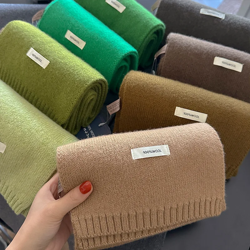 2026 Women Solid Knitted 100% Wool Scarf Soft Thick Neck Wrap Warm Minimalist Label Shawl for Autumn Winter Daily Casual Outfit