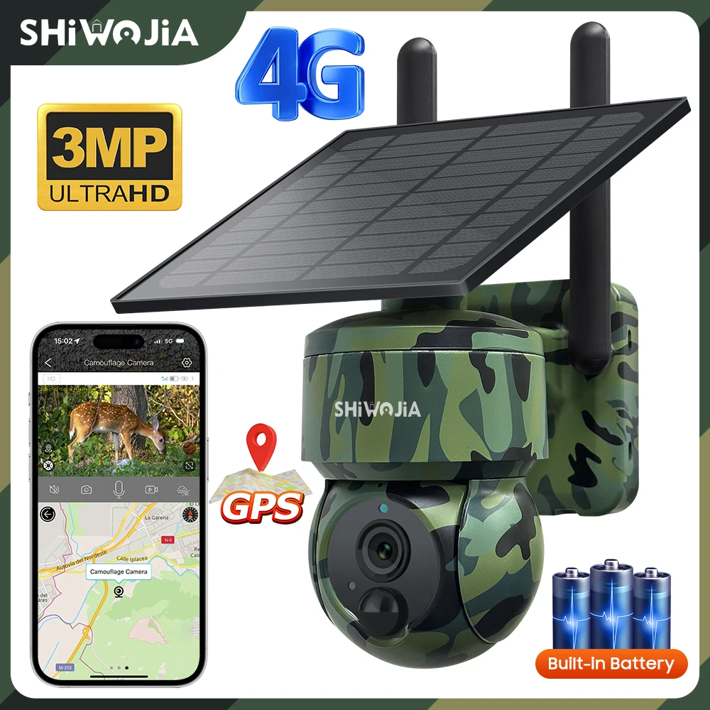 

SHIWOJIA 3MP Solar Battery Camera 4G SIM GPS Camouflage Outdoor 360° Trail Hunting Security Cameras Night Vision PIR Smart Cloud