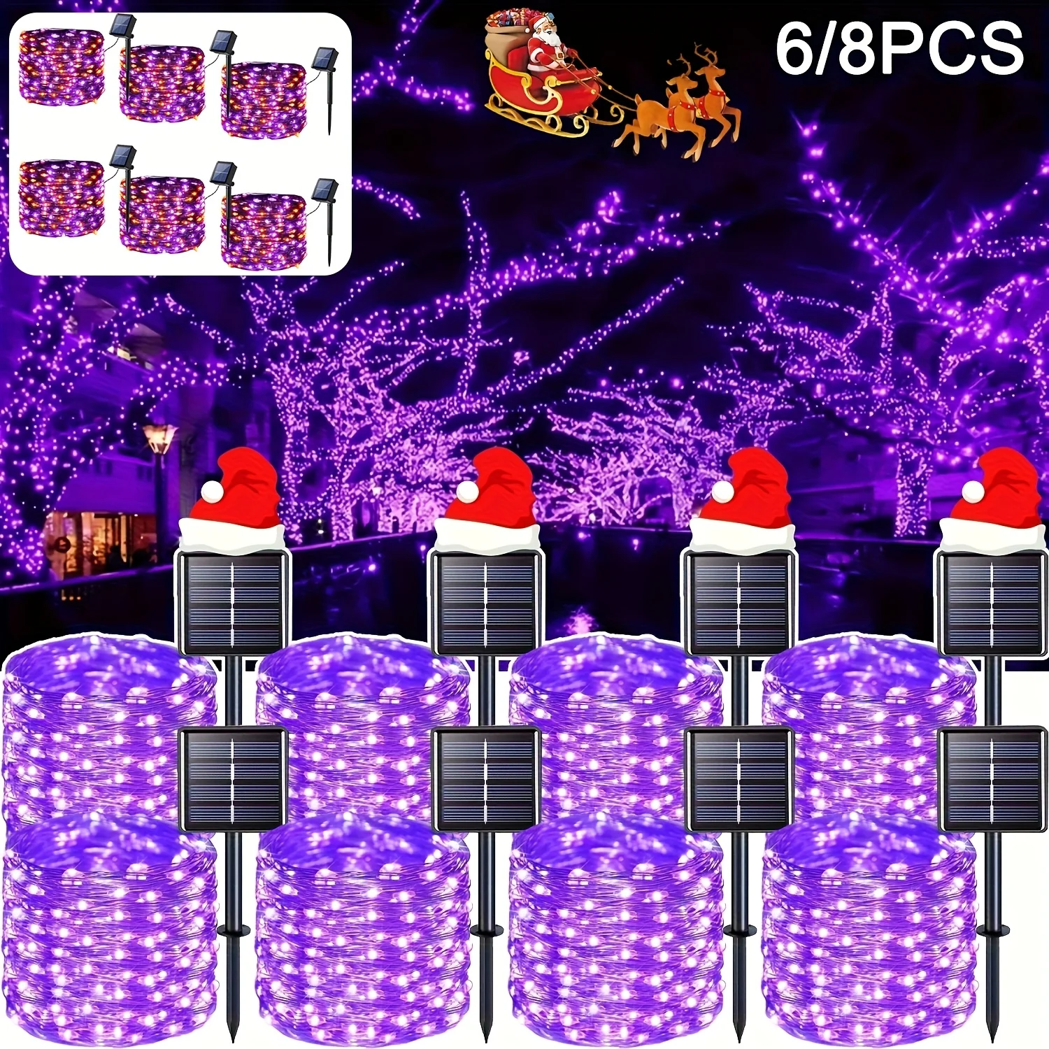 

6/8pcs-100 LED Holiday String Lights, Purple Outdoor Solar String Lights, IP65 Waterproof Rating, 8 Flashing Modes, Ideal for Christmas Parties, Birthday Gifts, Gardens, Eaves, And Christmas Atmosphere Lighting