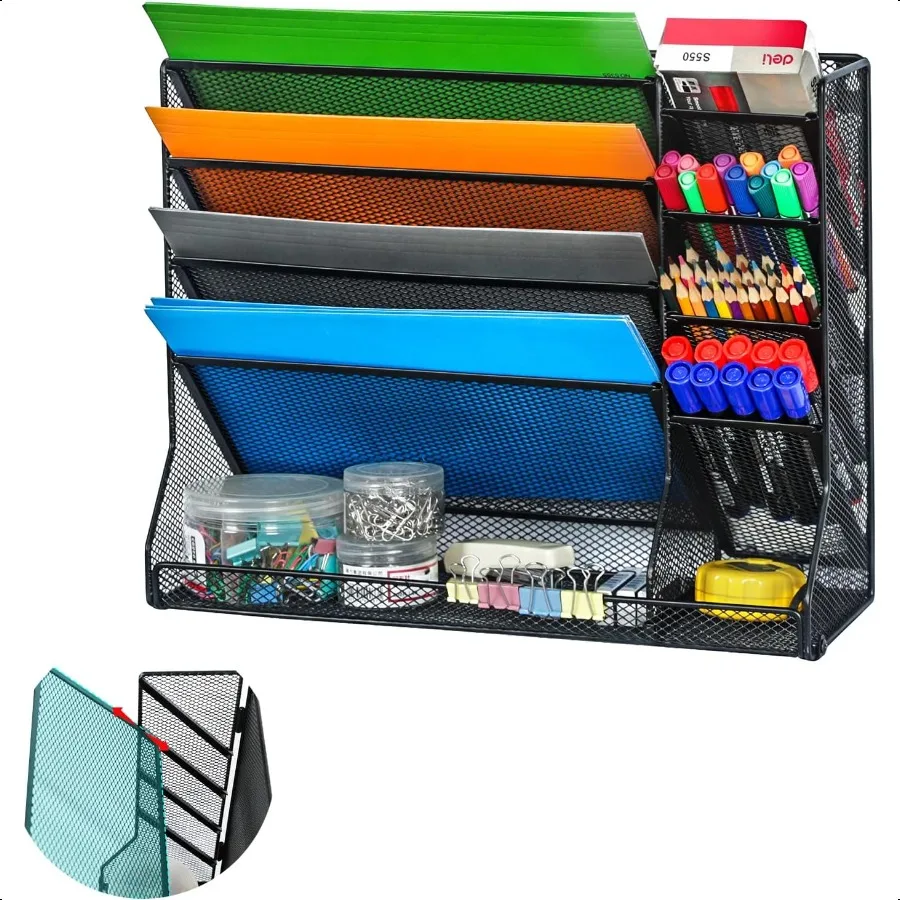 

File Organizer Wall Mounted 4 Tiers Durable Adjustable Metal Vertical Hanging with 4 Pen Slots Stable RShaped Bottom 4 PullOut