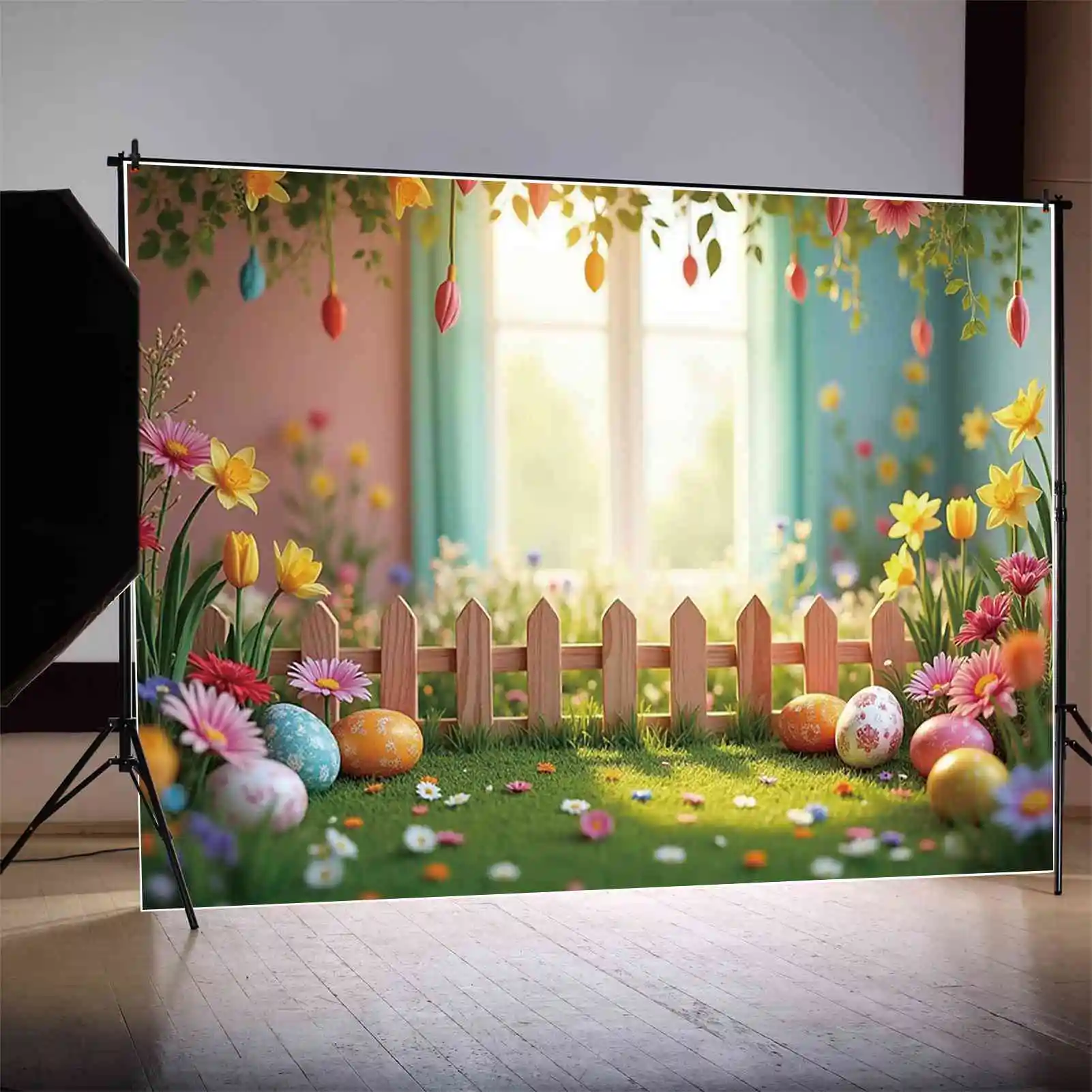 MOON.QG 2025 Easter Backgrounds Bunny Rabbit Eggs Spring Green Pink Photography Backdrops Garden Party Photo Studio Decorations