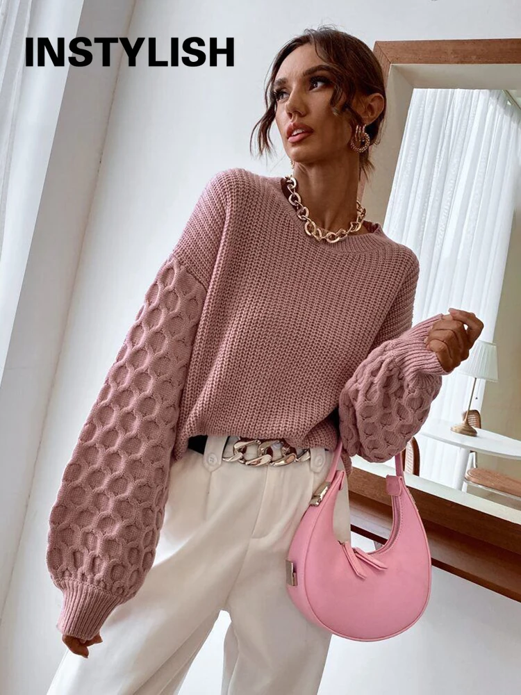 Women Vintage Lantern Sleeve Sweater Autumn O Neck Loose Pullover Elegant Harajuku Knitted Jumpers Casual Patchwork Knitting Top