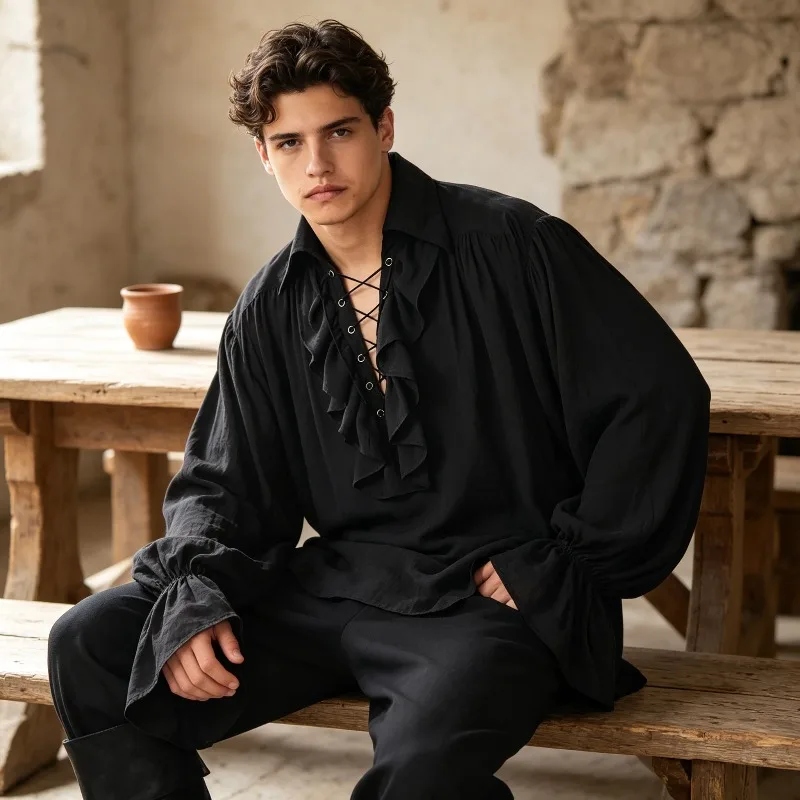 Middle Ages Renaissance Men's Long Sleeved Shirt Retro Shirt with Ruffled Cuffs Suitable for Halloween Costumes