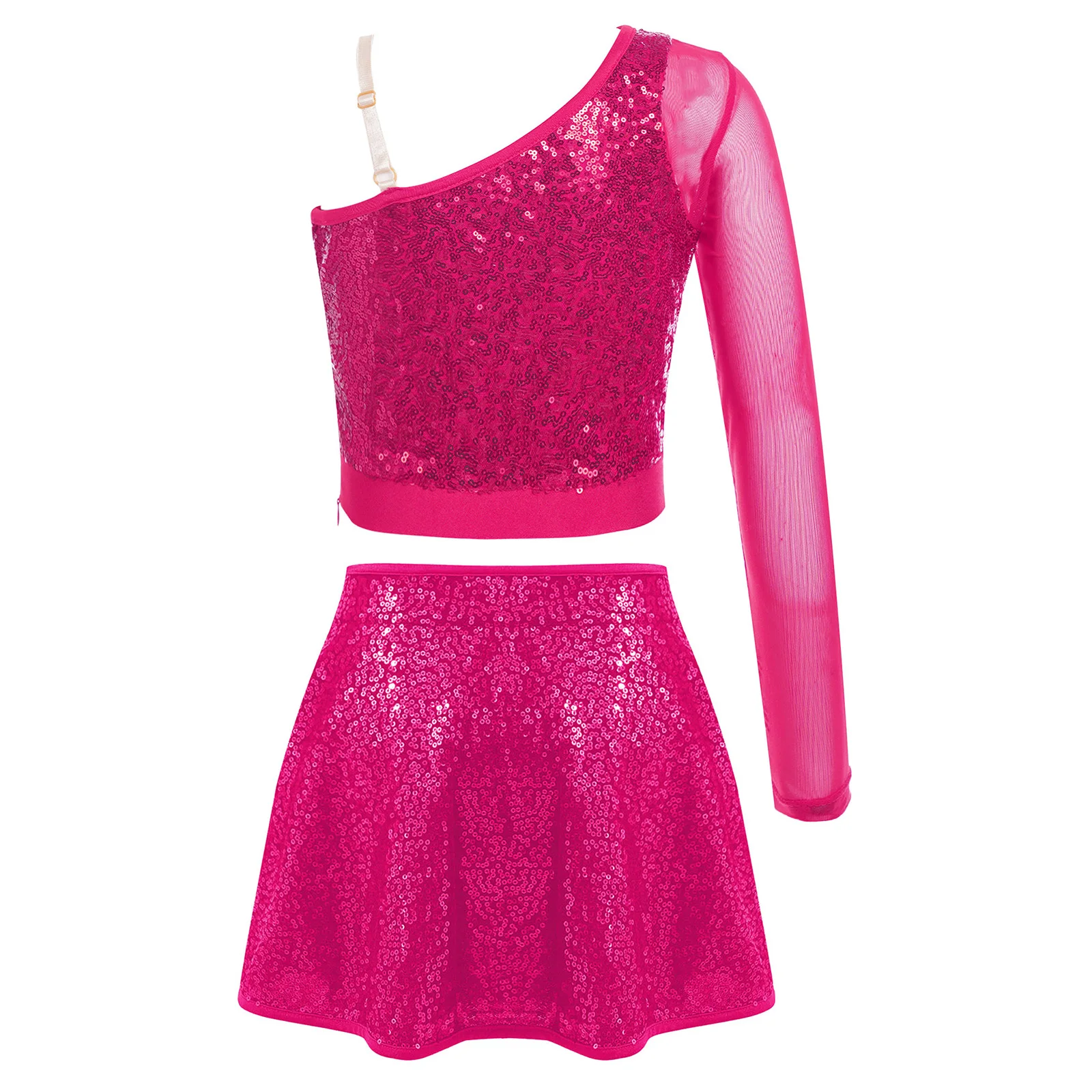 Kids Girls Shiny Sequins Jazz Latin Dance Costumes Sheer Mesh One Shoulder Zipper Crop Top+Skirt Stage Performance Dancewear
