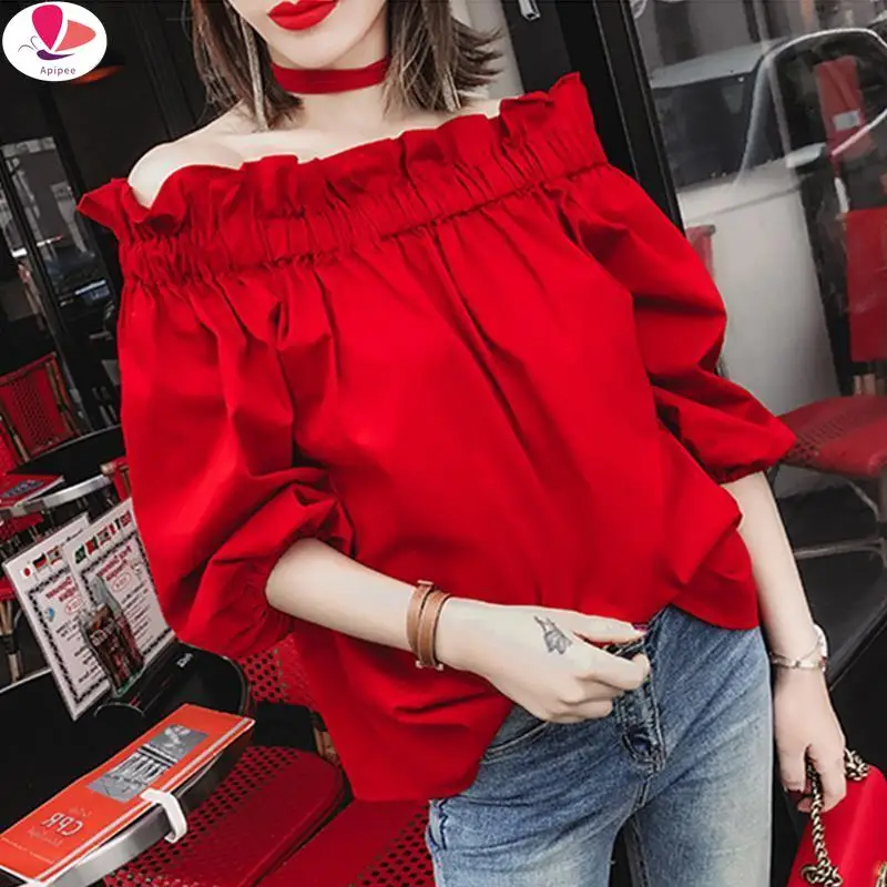 APIPEE Off Shoulder Tops 2024 Summer Fashion Casual Slash Neck White Black Red Lantern Sleeve Loose Ruffle Blouses Women