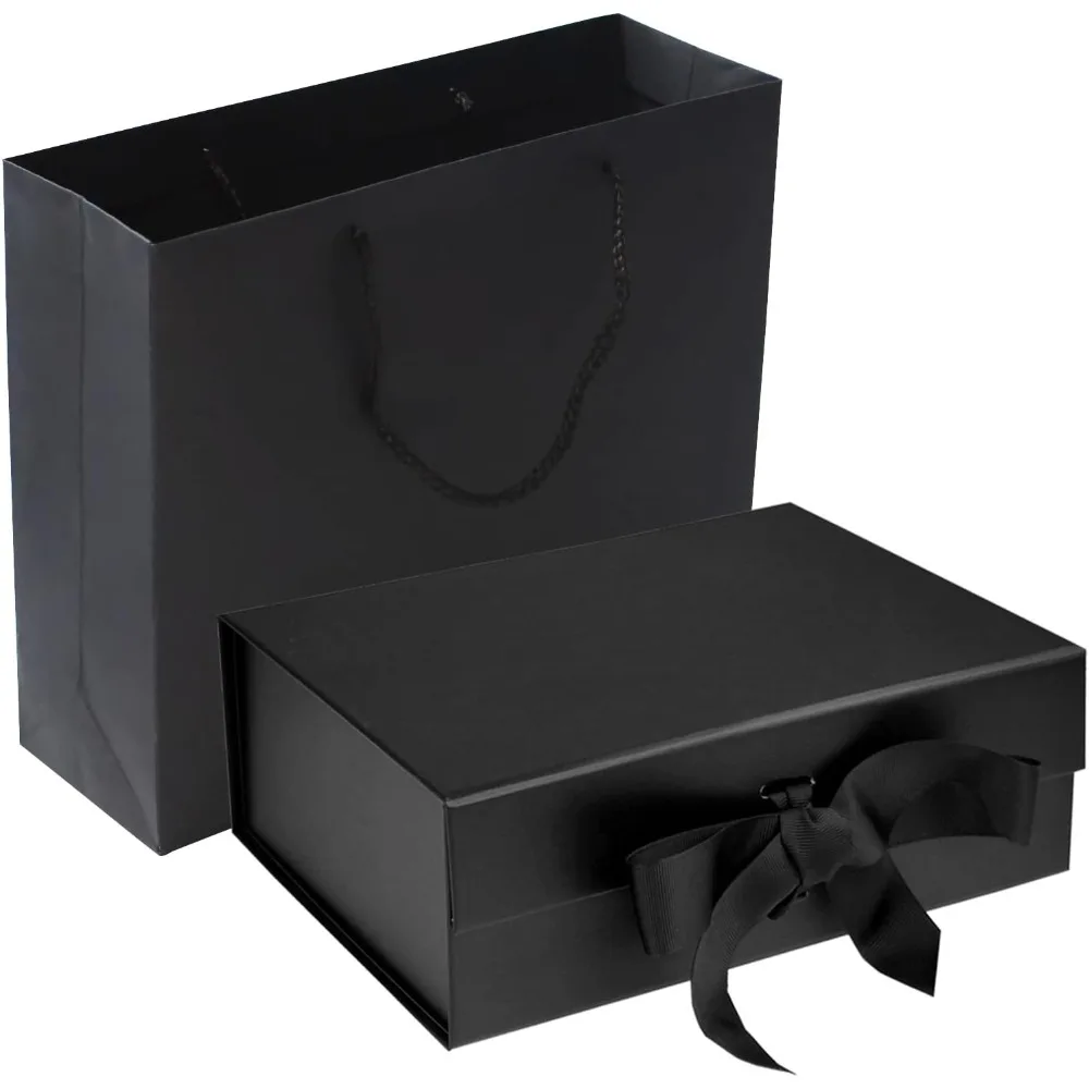

Black Luxury Magnetic Gift Box with Lid, Ribbons and Gift Bag, Medium Size-9.4x7x3 Inches, Great for Christmas, New Year, Weddin