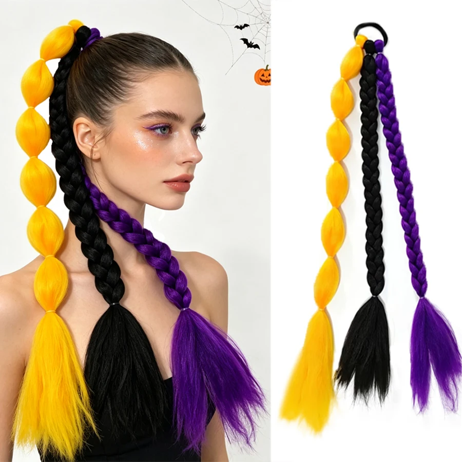 24 Inch Synthetic Bubble Braided Ponytail Hair Extensions, Black Orange Purple Ombre Ponytail Wig Y2K Halloween Cosplay