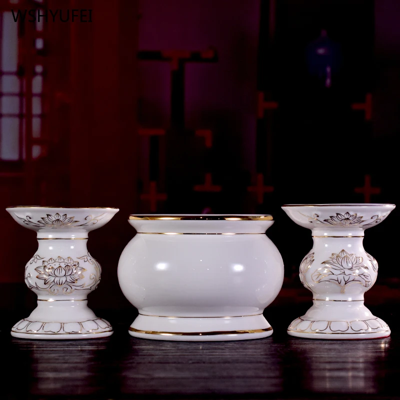Ceramic incense burner White porcelain gilded candlestick Offering items in front of Buddha Household Buddhist temple ornaments - Image 4