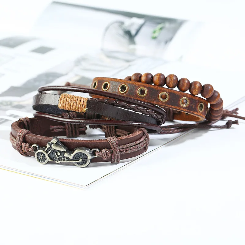 Punk's New Vintage Braided 4-piece Set Leather Bracelet Men's Hand Rope Fashion Accessories Charm Leather Men's Bracelets