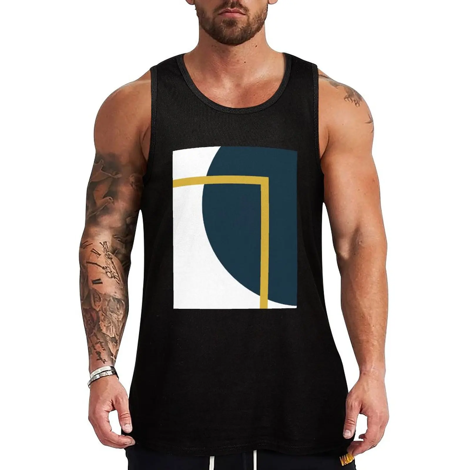 

Abstract Geometric Minimalist Navy Blue, Light Mustard Yellow, and White Tank Top Vest gym t shirt men Men's t-shirt
