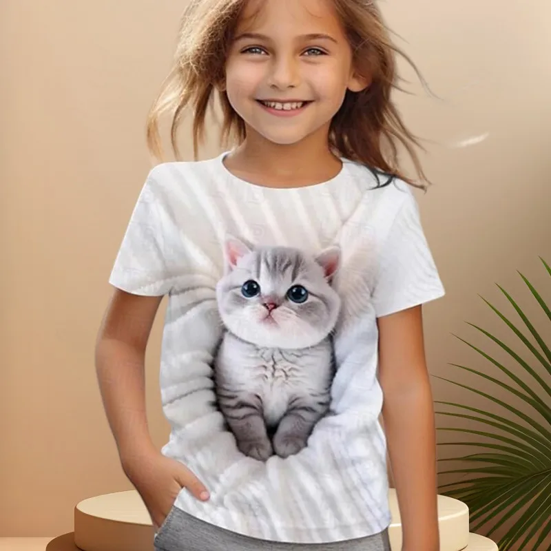 Girl Clothes Cat Graphic T Shirts One Piece Children\'s Clothing Girl T-Shirts Print Short Sleeve Tees Kawaii Clothes for Girls