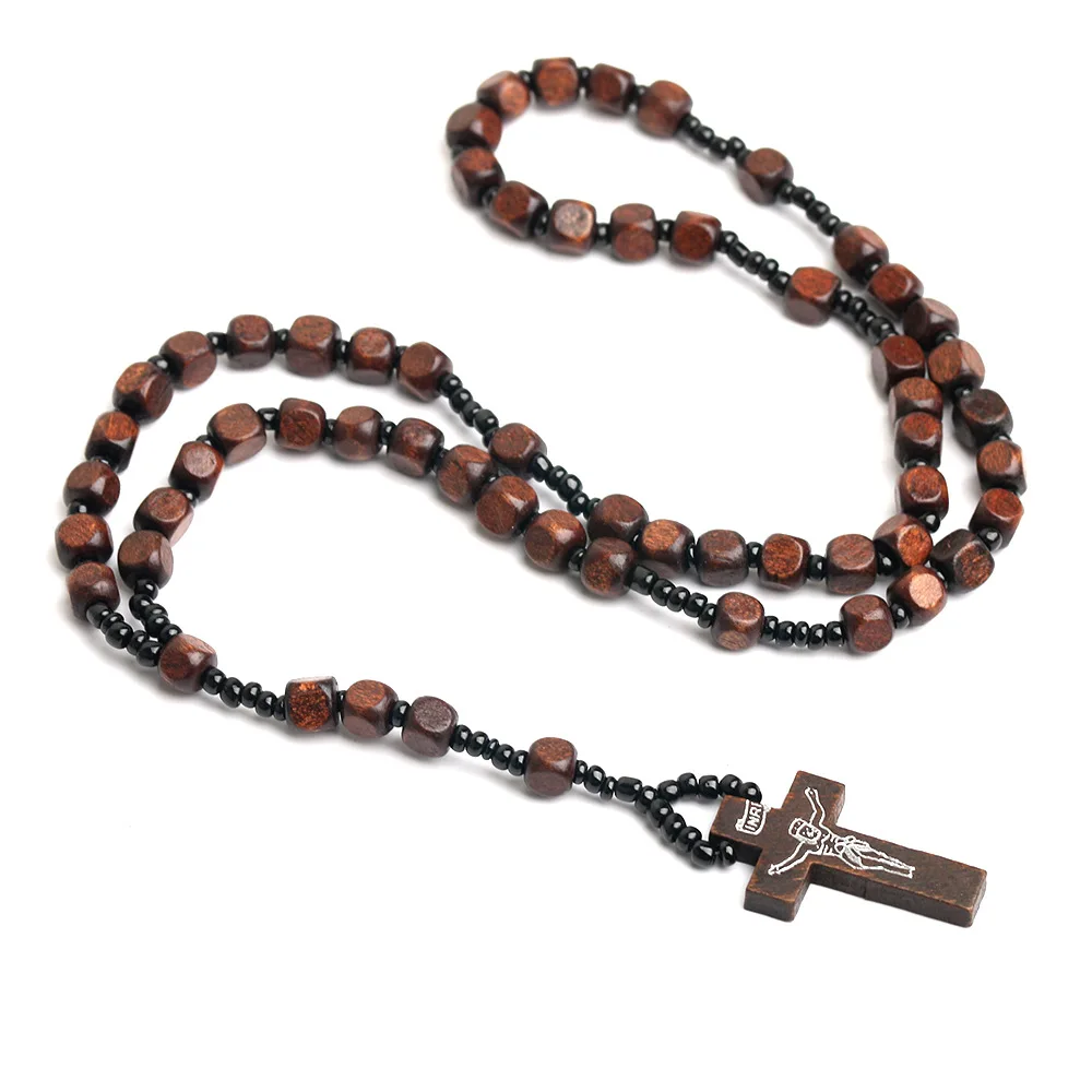 Handgefertigte, quadratische Rosenkranzkette aus Holz für Damen und Herren, katholisches Kruzifix-Kreuz-Anhänger, 8-mm-Kugelkette, Gebets- und Modeschmuck für Partys. – Detail 5