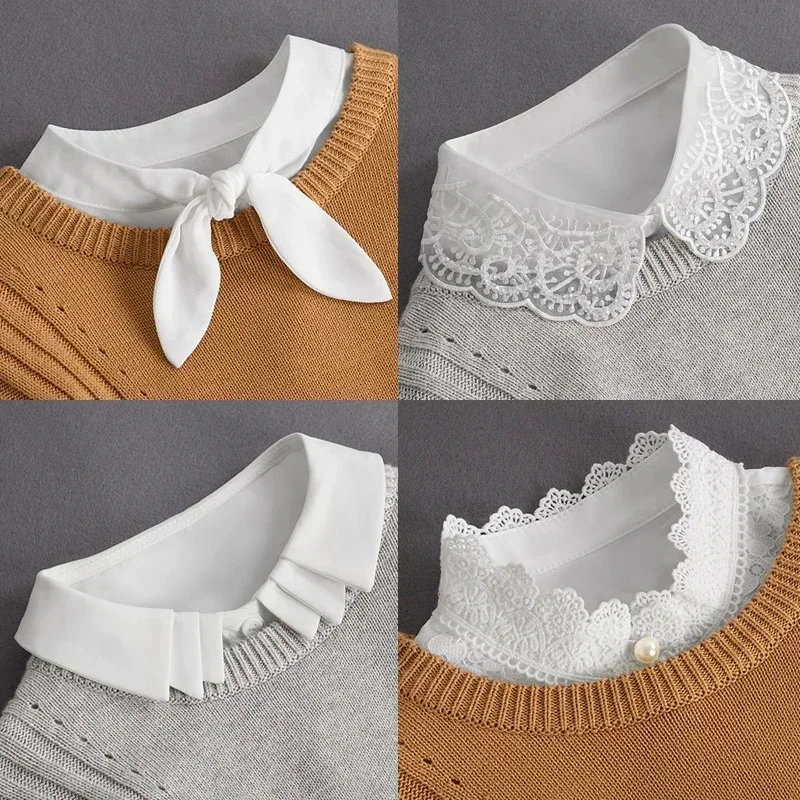 Fashion 2022 Front Tie White Fake Collar for Women Stand Detachable Collar Fake Girls Vintage Lace Ladies False Blouse Collar