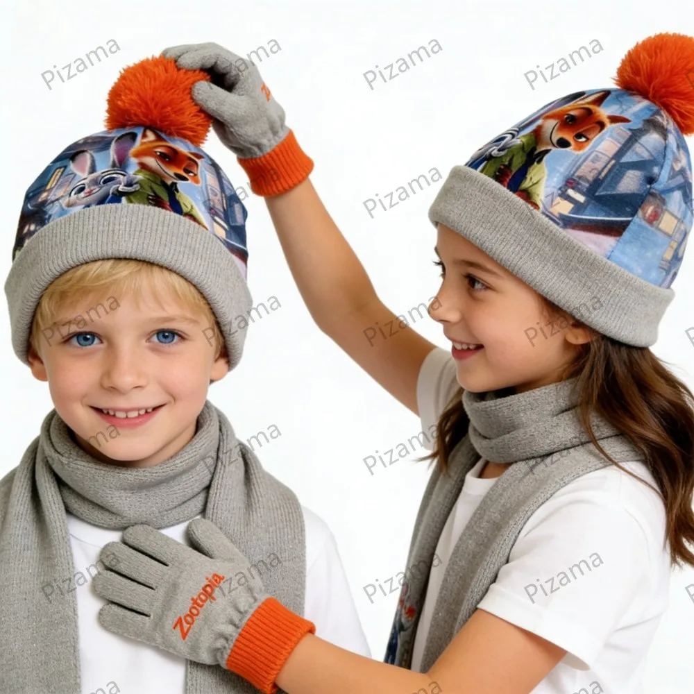 ชุดหมวกไหมพรมเด็ก 3 ชิ้น ลายซูโทเปีย จูดี้ นิค สำหรับเด็กอายุ 3-8 ปี พร้อมผ้าพันคอและถุงมือ  ชุดเสื้อผ้าเด็กฤดูหนาว อุ่นสบาย สำหรับเด็กผู้หญิง
