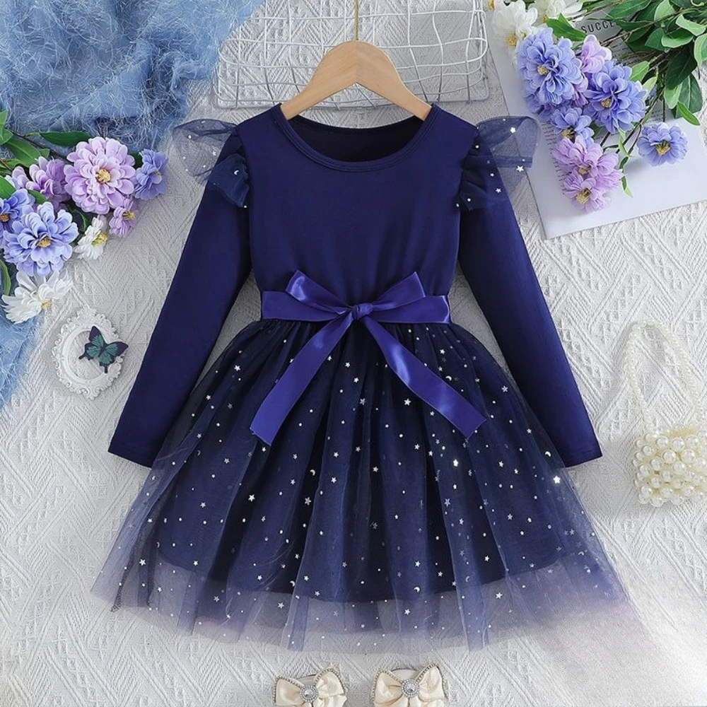 الدب زعيم طفلة فساتين الخريف شبكة الربط فستان بأكمام طويلة الترتر القوس الديكور حفلة عيد ميلاد ملابس الأطفال #6