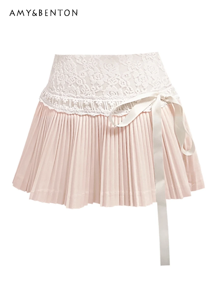 

Y2K Hot Girl Pink Sweet Bow Lace Stitching Cake Skirts Female Spring Summer New Sexy Cute Slim Fit Mini Skirt Preppy Style Skirt