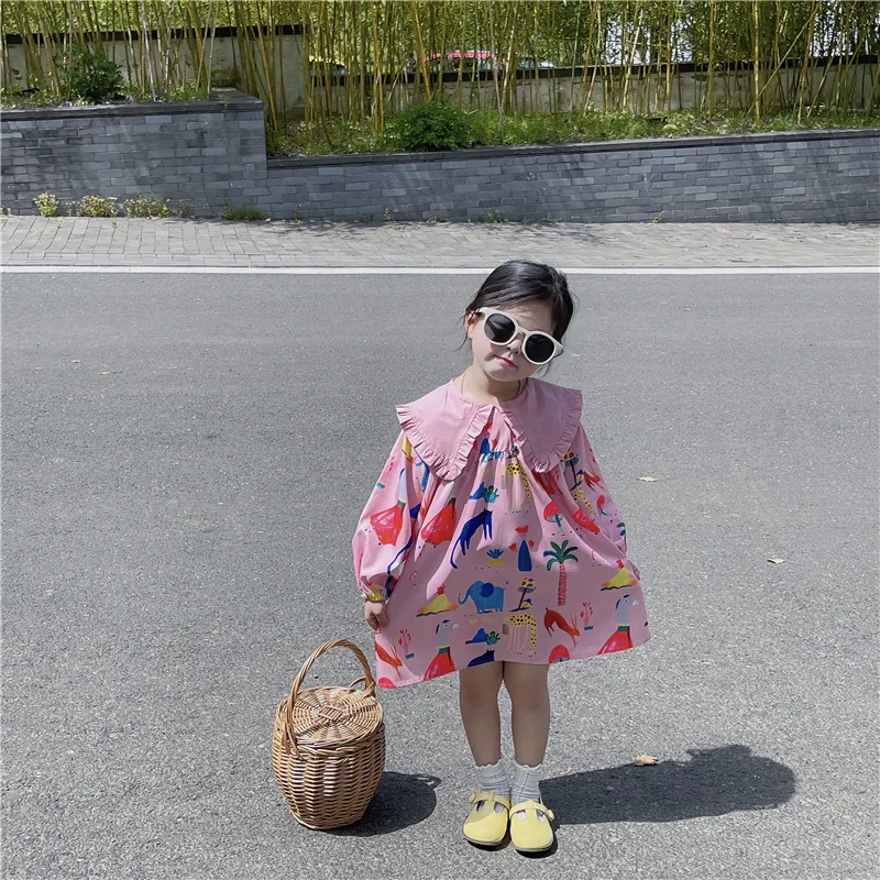 2024 Spring New Korean Children\'s Wear Girl\'s Fragmented Flower Flip Collar Long sleeved Lantern Sleeves Princess Dress