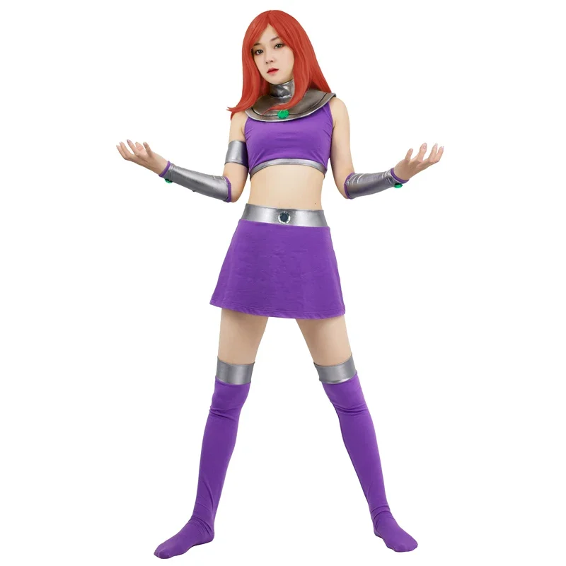 DAZCOS Teen Titans Superhero Starfire Koriand'r Cosplay Costume Skirt Purple Outfit with Stockings Halloween Costumes for Women