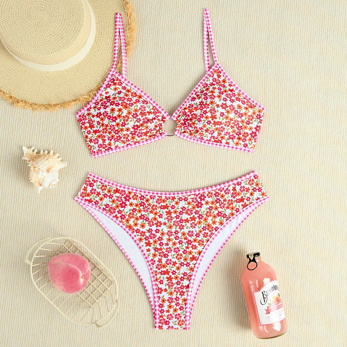 Sexy Bikini Floral Triangle String Bikini Adjustable Strappy High Cut Bikini Beach Summer Vacation Swimwear Swimsuit Set