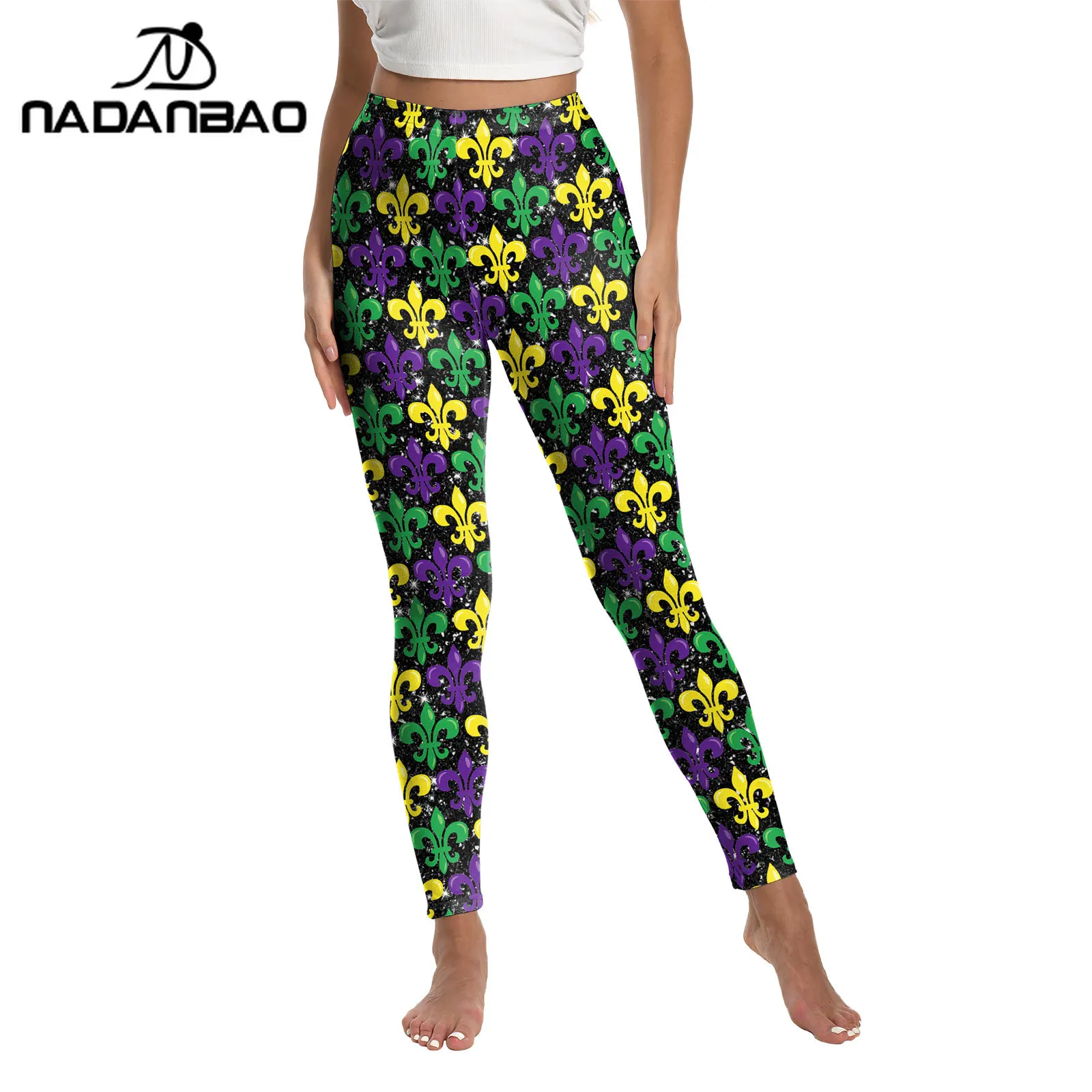 Nadanbao كامل ثلاثي الألوان فلور دي ليز طباعة طماق النساء لينة بسط ماردي غرا السراويل كرنفال حفلة بنطلون ملابس محكمة للتمرين