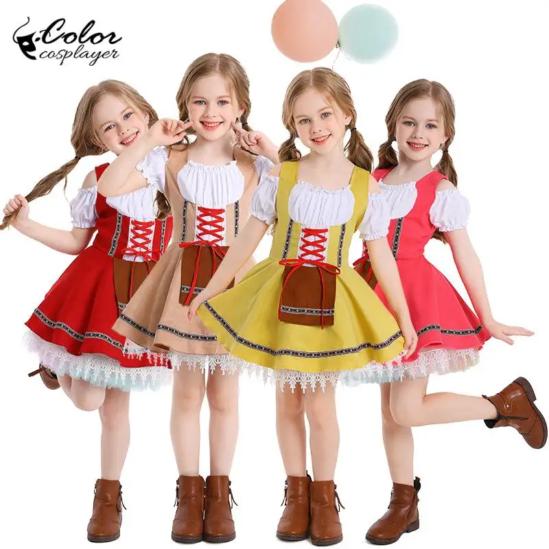 

Children Oktoberfest Costume Girl 3 Colors Dress Child Holiday Party Dresses Fake Two Pieces Outfit Stage Cosplay Clothes