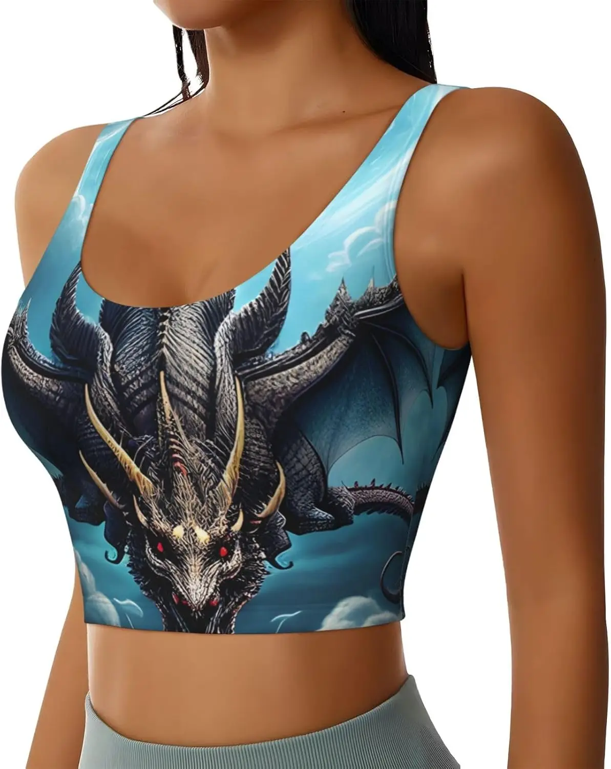 Sutiã esportivo feminino com gola baixa, colete esportivo elástico, regata de ioga, camisas com padrão de dragão voador