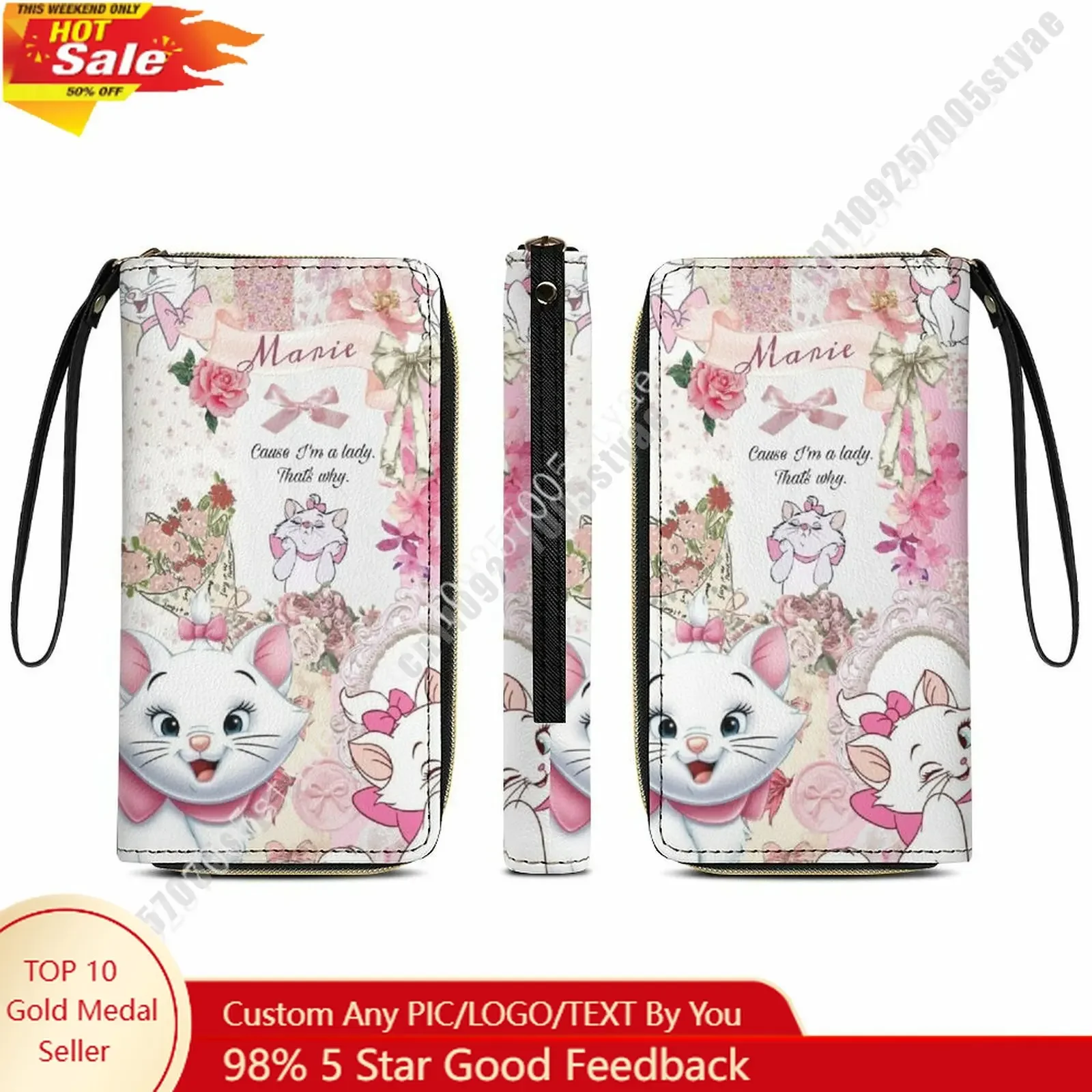 

Marie Leather Wallet Disney Licensed Customizable Personalized Design Your Pattern Portable Purse Double-sided Printing