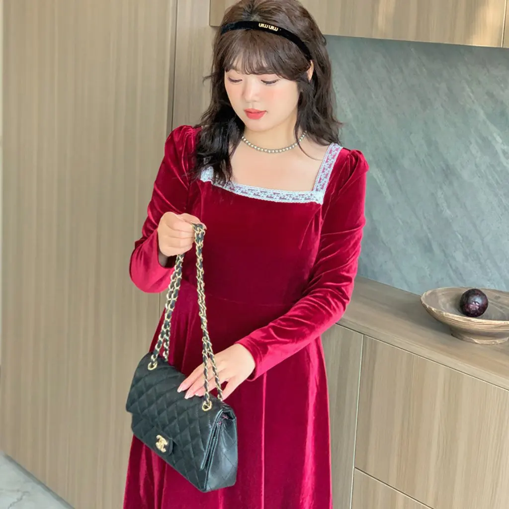 

K2558 plus Size Women's Velvet Dress French Retro Square Collar Red New Year Engagement Toast Clothing for plus Size Sisters