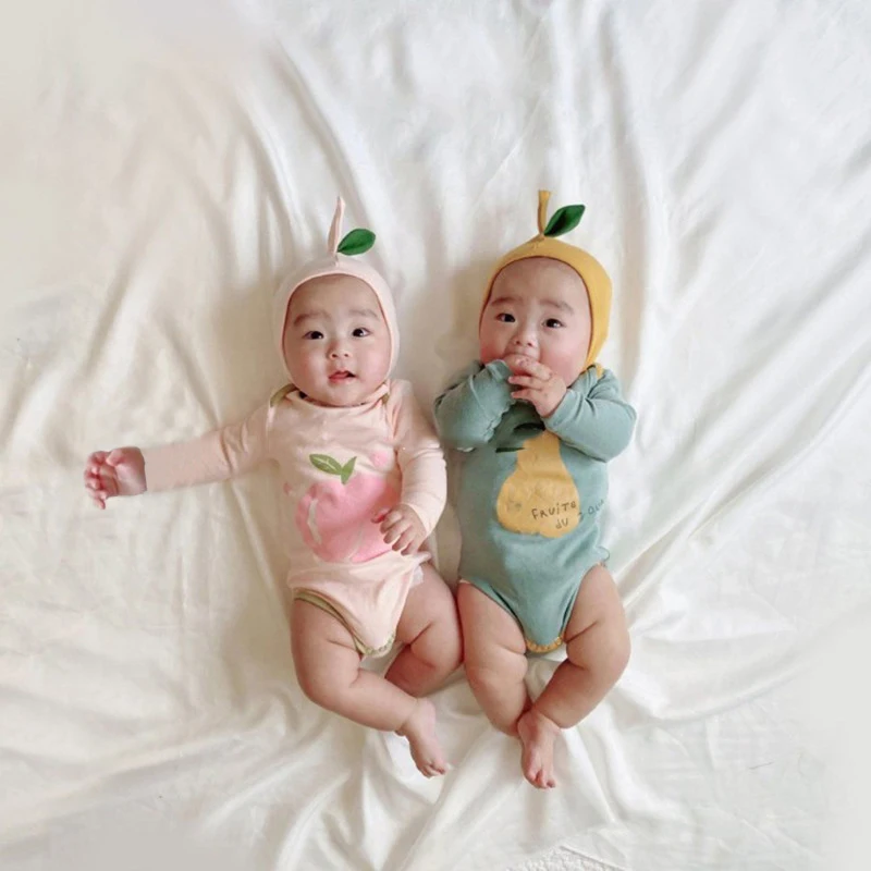 Ins Baby Rompers Fruit Print Boys Girls Cotton Long Sleeve Romper Hat 2pcs Sets Peach Pearl Cute Jumpsuit Bodysuit