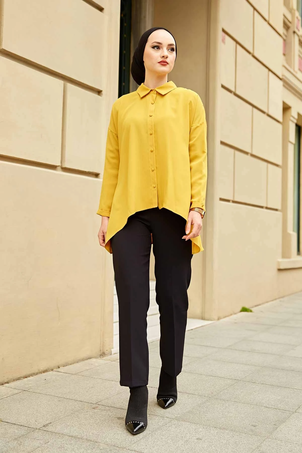 Asymmetric Cut Short Shirt E Mustard Winter Autumn 2021 Muslim Women Hijab headscarf Islamic Turkey