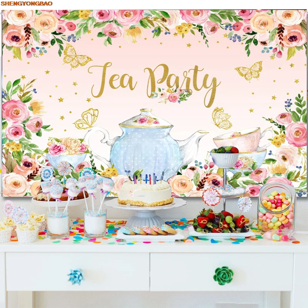 Princess In Wonderland ดอกไม้สีชมพูกระโปรงสาววันเกิดการถ่ายภาพฉากหลัง Tea Party Baby Shower Photo Studio พื้นหลัง