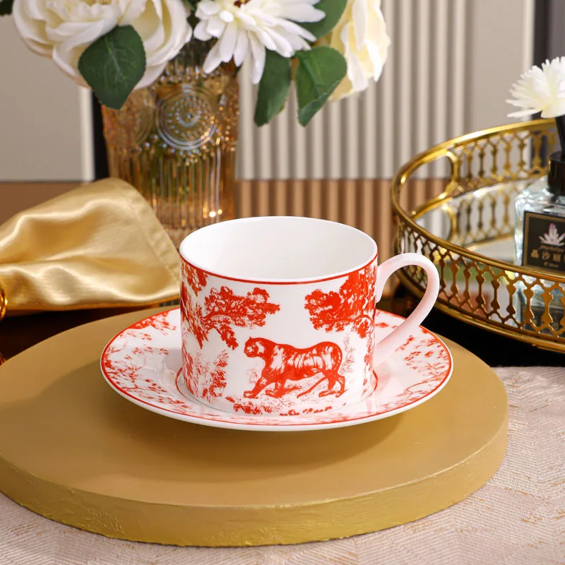 

2025 New Bone Porcelain Afternoon Tea Cup Breakfast Milk Cup with Plate Grey Leopard Double Cup Plate Gift Box