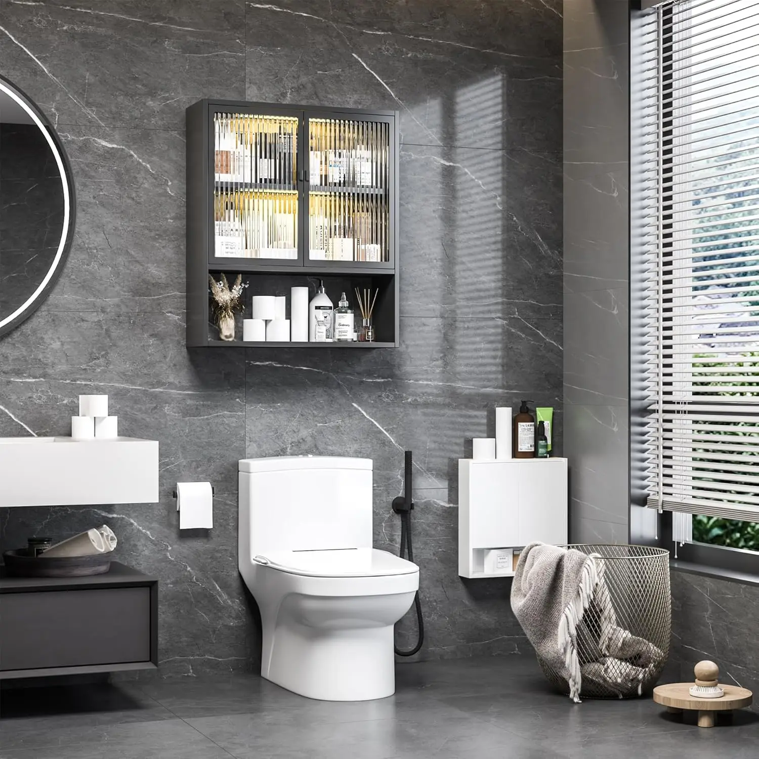 Metal Bathroom Wall Cabinet with Glass Doors & Lights, Over Toilet Storage Medicine Cabinet Black, Customized