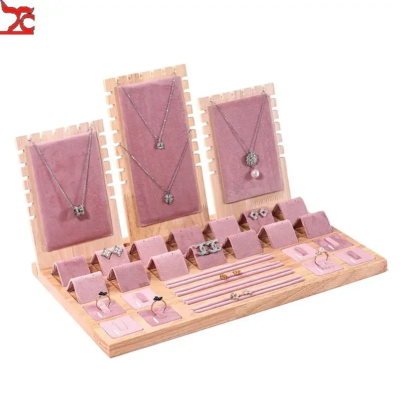 Set Jewelry Display Tray for Exhibitor Necklace Earring Rings Organizer Props Beautiful Pink Fabric Jewelry Showcase Frame