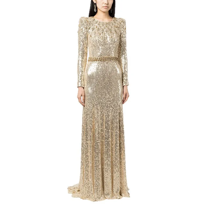 Quality In-Stock Evening Dress 2025 European and American Celebrity Heavy Beading and Rhinestone gold Sequin Long Dress
