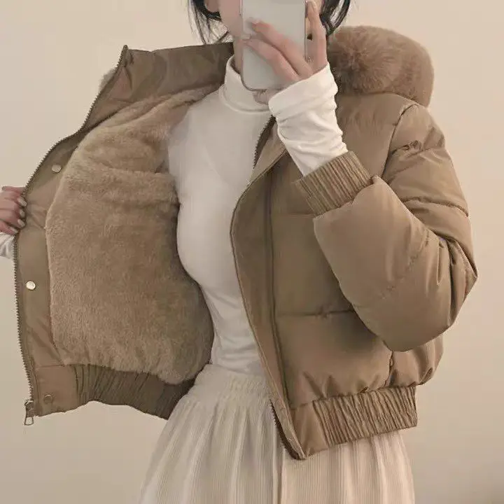 

Fur Collar Cotton Coat Women's Short 2025 Winter New Thickened Hooded Warm and Velvet Cotton Coat for Small People