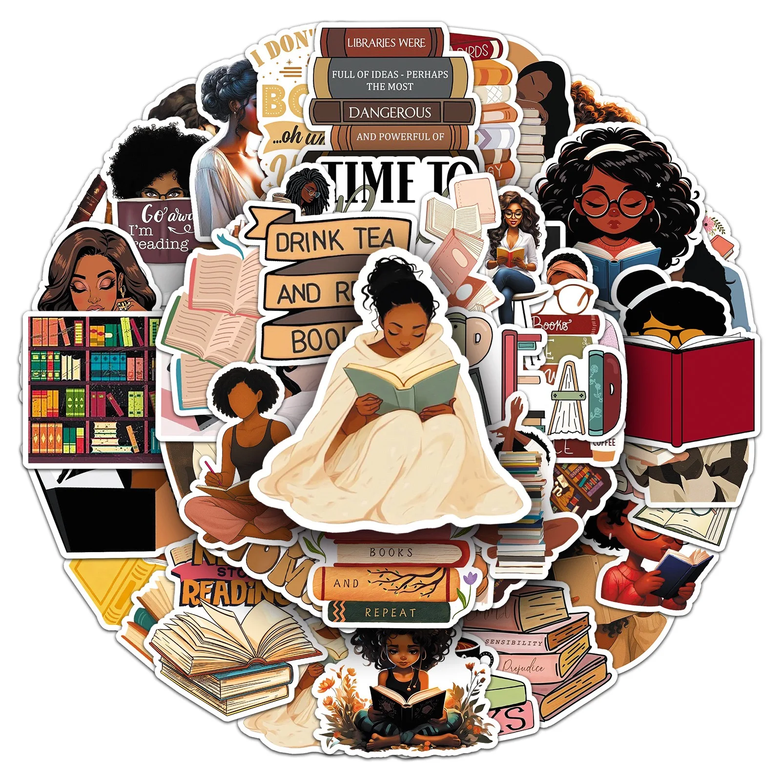 50PCS Black Girls Bookish Stickers for Bookworm Reading Stickers Book Lover Scrapbooking Supplies Junk Journal Decoration