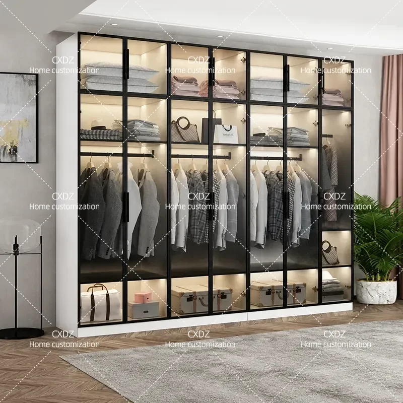 Modern Simple White Wardrobe with Glass Door Light Luxury Custom Cloakroom Home Bedroom Combination Finished Storage Cabinet