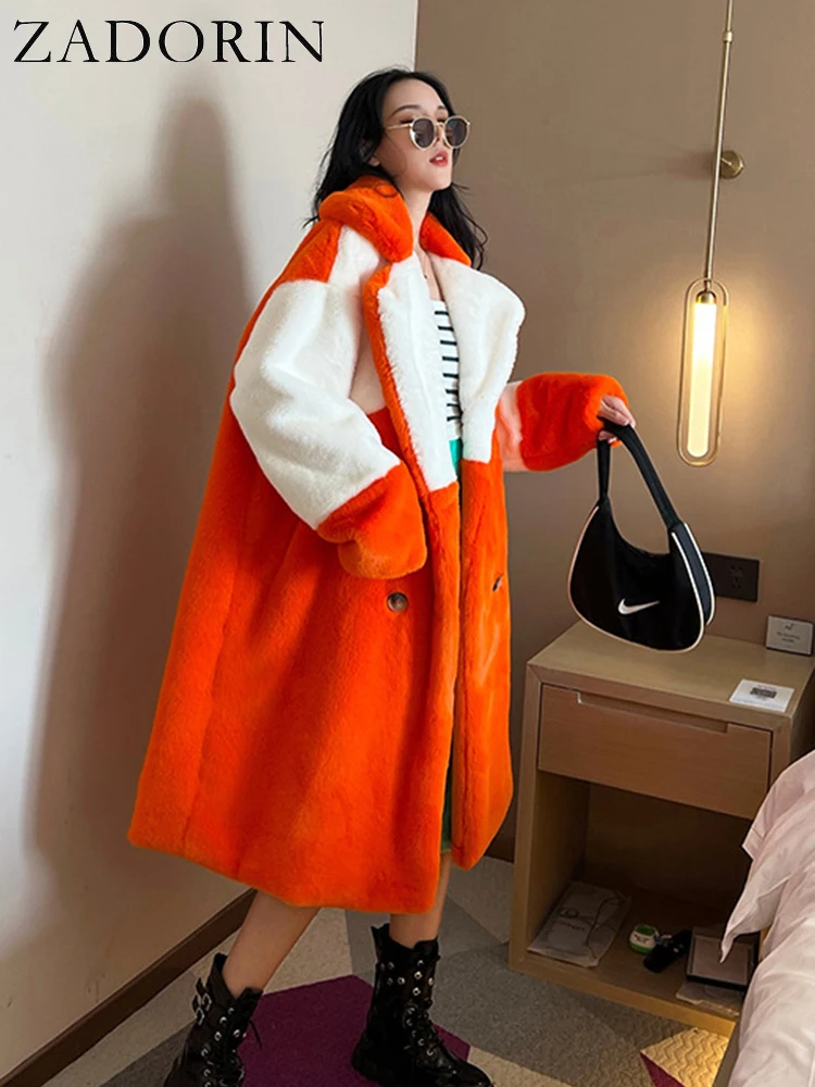 Zadorin Dames Winterjas Harige Warme Lange Faux Konijnenbontjas Vrouwen Revers Gesplitst Wit Oranje Nepbont Jas Trenchcoat