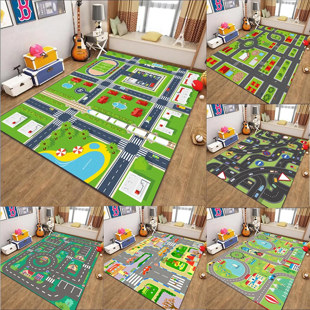 Cartoon City Road Traffic Pattern Carpet Kids Protective Mat For Toy Storage Insulation Mat Playroom Decoration Mat