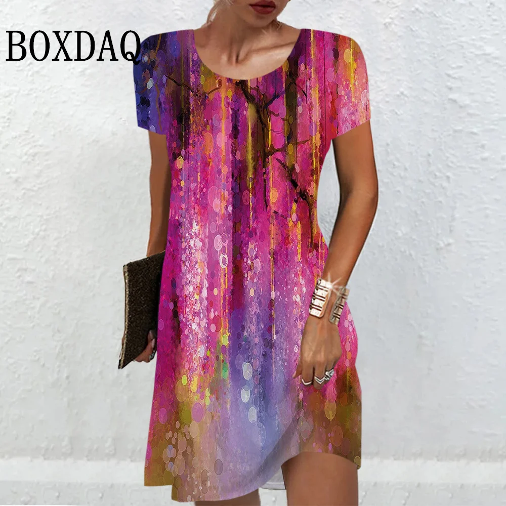 

2024 Women Tie Dye Striped Dresses Summer Fashion Round Neck Short Sleeve Mini Dress Casual 3D Print Ladies New Dress Vestidos