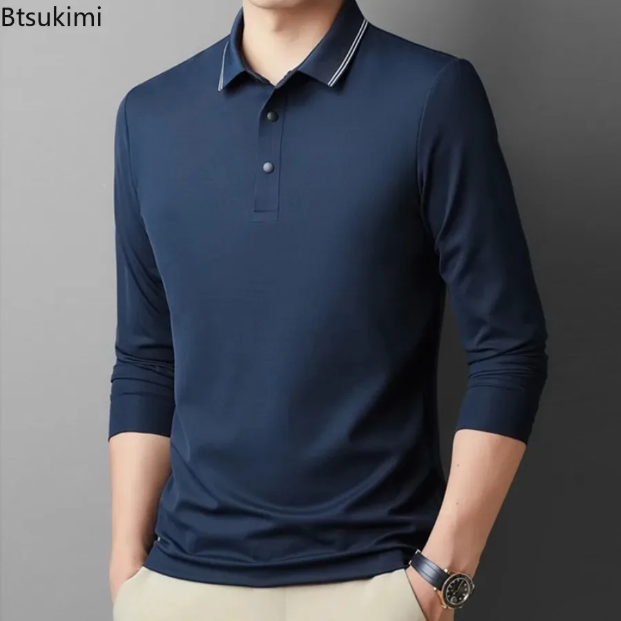 

2025 Мужская деловая повседневная рубашка с длинными рукавами, модная однотонная тонкая рубашка-поло, дышащие удобные универсальные топы для мужчин