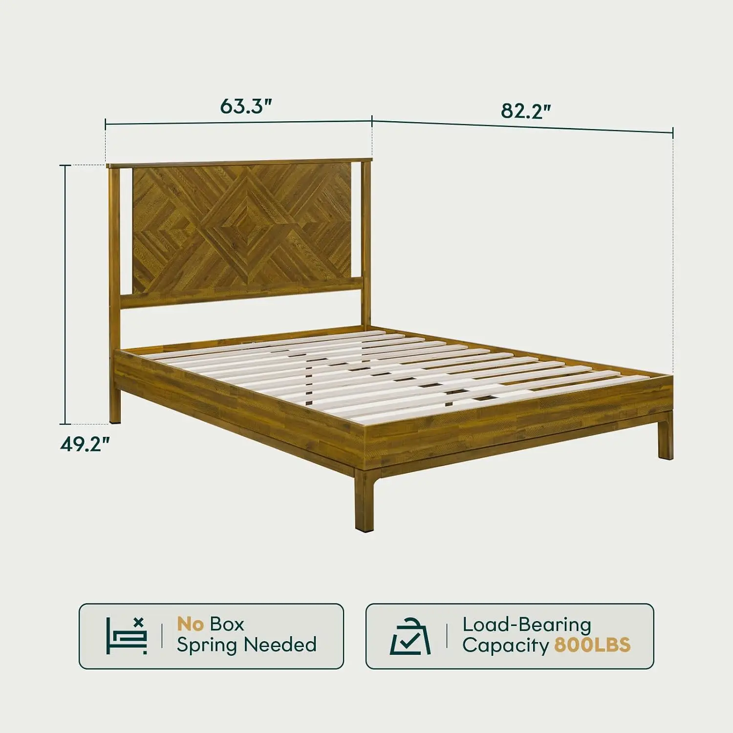 Bme Ethan Queen Bed Frame with Diamond Headboard, Mid-Century Modern, Solid Acacia Wood, No Box Spring Needed, Fits All Mattress